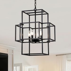 Lampadario a Sospensione Industriale Stile Fattoria con 4 Luci Regolabili in Altezza, Lanterna in Metallo per Sala da Pranzo - Product Image 2