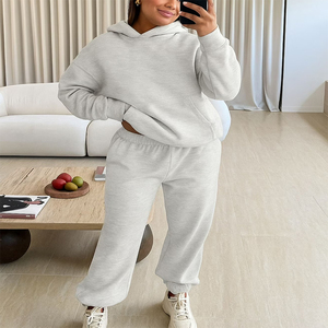 Ensemble de survêtement gris à capuche pour femme, en coton, coupe décontractée, pantalon long et sweat-shirt, couleur unie, idéal pour l'automne - Product Image 3
