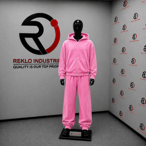 Ensemble de survêtement en velours rose pour femme, sweat à capuche zippé et pantalon large, deux pièces, luxe, décontracté, streetwear, jogging, vente en gros - Product Image 3