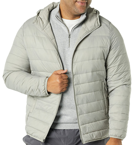 Custom Lightweight Grey Premium Quality 100% Genuine <b>Leather</b> Streetwear <b>Winter</b> Hooded Puffer <b>Jacket</b> Full Zip Insulated Coat - Product Image 3