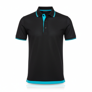 Men's Cotton Pique <b>Polo</b> Shirt <b>Black</b> Turquoise Trim Custom Logo OEM Manufacturer Wholesale Golf Casual Short Sleeve - Product Image 4