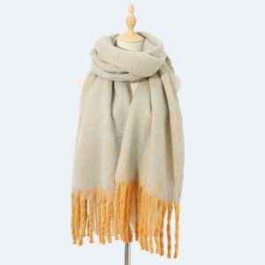 Écharpe longue classique en acrylique, couleur unie beige avec franges jaunes, pour femme, hiver, isolation thermique, adulte - Product Image 1