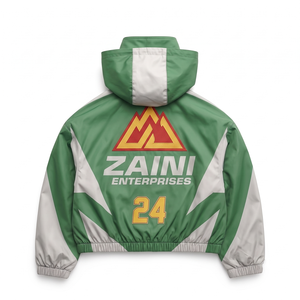 Veste coupe-vent à capuche en polyester Taslon premium 280 GSM, vert et blanc avec empiècements contrastés, impression de logo personnalisée, OEM ODM - Product Image 2