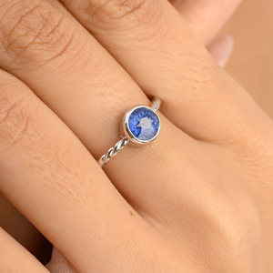 14K White Gold Blue Sapphire Bezel Set Twisted Band Wedding Ring for Women - Product Image 1