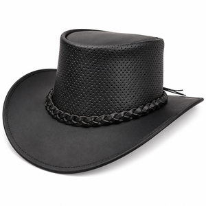 Sombrero de Vaquero de Cuero Negro Perforado, Transpirable, Estilo Western, para Verano, con Banda Trenzada y Ala Ancha, para Montar a Caballo - Product Image 1