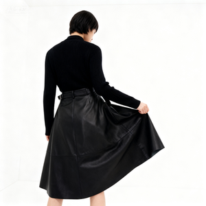 Mini-jupe noire en similicuir PU pour femme - Taille haute, coupe trapèze avec ourlet à volants, personnalisable pour le printemps et l'été, et service OEM/ODM - Product Image 5