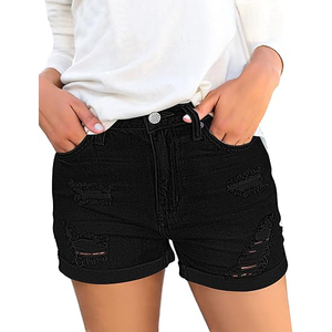 Solid Black Ripped Denim Shorts Women High <b>Waisted</b> Distressed <b>Jean</b> Shorts Sexy Slim Summer Hot Pants Frayed Raw Hem - Product Image 1