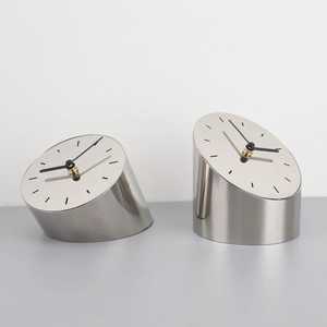 Trending Modern Metallic Cylindrical <b>Desk</b> <b>Clocks</b> Slanted Face Black Hands Gold Center Minimalist Contemporary Stylish Function - Product Image 1