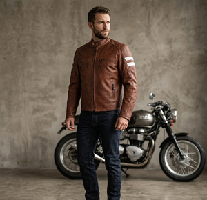 Veste en cuir vintage marron pour homme, imperméable, respirante, patchwork, color block, style Cafe Racer - Product Image 2