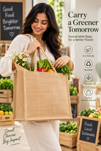 Custom Medium Jute Shopping <b>Tote</b> <b>Bag</b> <b>with</b> <b>Shoulder</b> <b>Strap</b> & Hand Handle for Reusable Gift Grocery Advertising Use - Product Image 5