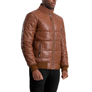 Veste matelassée en cuir véritable marron décontractée pour homme, col montant, fermeture éclair, manteau d'hiver - Product Image 2