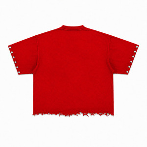 Custom Red Oversized T-Shirt Men 3D Skull Print Streetwear Hip Hop with Metal <b>Studs</b> Rivets Distressed Raw Hem Heavyweight Cotton - Product Image 2