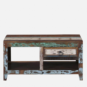 Mesa de Centro de Madera Reciclada Rústica Hecha a Mano con Acabado Desgastado y Cajón de Almacenamiento Integrado para Sala de Estar - Product Image 3