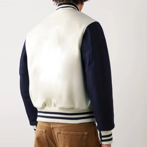 Men's Pu Varsity <b>Jacket</b> <b>White</b> Navy Striped Collar Stand Regular Fit Preppy Style Autumn Casual Streetwear Button Closure - Product Image 2
