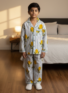 Pyjamas en pur coton pour enfants, ensembles chemise et pantalon, très confortables pour toutes les saisons, coton premium, imprimé mangue sur la robe. - Product Image 1