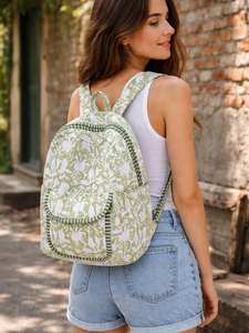 Quilted Floral Print Cotton Student Tote & Messenger Bag <b>Backpack</b> Zip Closure White Black Sustainable Unisex Versatile Stylish - Product Image 1