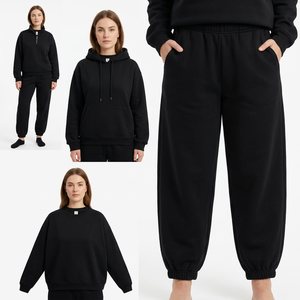 Conjunto de Sudadera Casual para Hombre, Color Negro Sólido, Sudadera con Cierre de Cremallera, Cuello Redondo, con Pantalones Deportivos - Product Image 3