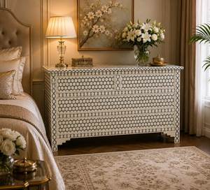 Table de chevet moderne à 1 tiroir et 1 porte avec incrustation osseuse, style bohème, couleur personnalisable, durable, pour la décoration de chambres et de salons - Product Image 3