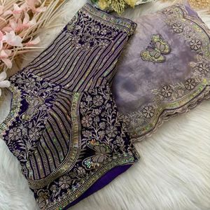 Sari en satin brodé de qualité supérieure avec travail de sequins de 3 mm et bordure épaisse, accompagné d'un chemisier de créateur cousu par Royal - Product Image 5