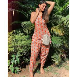 Conjunto de Dhoti de Algodón con Estampado de Bloques Naranja, Talla XS - Product Image 5