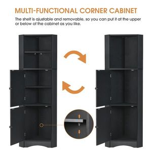 Tall Freestanding Bathroom <b>Corner</b> Cabinet with Adjustable Shelves and Doors MDF Board Black Storage <b>Unit</b> - Product Image 6