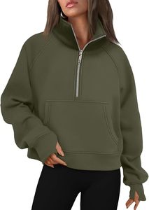 Sudadera Corta Verde Oliva para Mujer con Cierre de Cremallera 1/4, Ajuste Oversize, Manga Larga, con Bolsillo Canguro y Cuello - Product Image 4