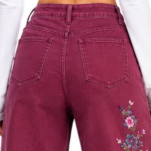 Jean large brodé floral bordeaux pour femme, taille haute, coupe ample, style vintage, décontracté, mode, vêtements personnalisés OEM ODM - Product Image 6