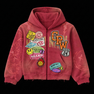 Sweat à capuche zippé personnalisé pour homme en coton, design brodé, épais 450 g/m², patchwork, coupe courte et carrée, en molleton bouclette effet délavé au soleil - Product Image 2