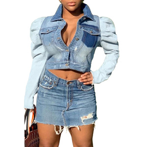 Popular Casual Short <b>Denim</b> Coat Button Linking Puff Long Sleeve Blue <b>Jackets</b> for Women - Product Image 3