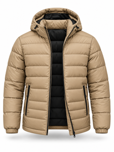 Chaqueta Acolchada con Capucha para Hombre, Color Beige, Impermeable, Cortavientos, Informal, con Cierre, Relleno de Poliéster, Largo Regular, Color Sólido, Personalizable - Product Image 3