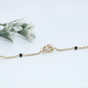 Elegant Solid Yellow Gold Bezel Set Lab Diamond Station <b>Bracelet</b> Black <b>Bead</b> Link Chain Dainty Mangalsutra Wristlet Custom Fine - Product Image 2
