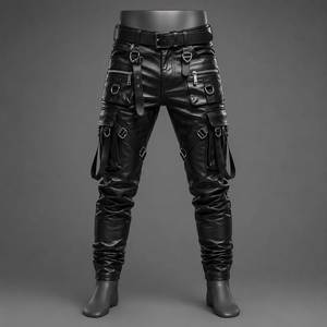 <b>Black</b> High Waist Gothic Genuine Leather Lace Pants Belt Multiple Pockets Full Length Skinny Fit Winter Formal Women's <b>Trousers</b> - Product Image 1