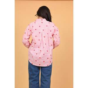 Camisa de Algodón a Rayas con Estampado de Corazones para Mujer, Blusa de Manga Larga con Botones, Estilo Casual Chic, Linda Camisa de Oficina Estilo San Valentín - Product Image 4