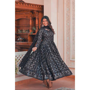 Black Lucknowi Sequins Work V NECK Gown pent y duptta suit Set - Product Image 3