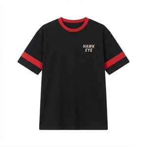 T-shirt ample noir pour femme avec bordure rouge, logo personnalisé, manches courtes, col rond, décontracté, été, 100% coton jersey - Product Image 6