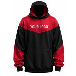 Custom Red <b>Black</b> Color Blocking Hooded Sweatshirt <b>Men</b> Regular Fit Printed Logo Front Pocket Knitted Polyester Casual Autumn Wear - Product Image 2