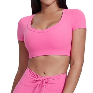 Top Deportivo Corto de Nailon de Color Sólido, Camiseta de Manga Corta para Mujer, Chaleco de Yoga y Gimnasio, de Secado Rápido, Transpirable, con Relleno en el Pecho - Product Image 4
