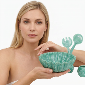 Juego de Ensaladeras de Resina Verde Agua con Borde Ondulado, Aptas para Lavavajillas, Utensilios Manuales para Ensaladas - Product Image 4