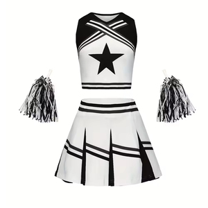 Tenue de cheerleading pour adulte, sans manches, noire et blanche, style jupe, robe de performance avec pompons - Product Image 1