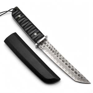 Handcrafted Fixed Blade Hammered Damascus Steel Utility <b>Knife</b> Industrial Grade OEM <b>Carved</b> Ebony Handle Steel Guard Wooden Sheath - Product Image 4