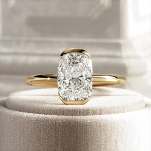 Trendy Design Cushion Color E Lab Grown Diamond Half Bezel <b>Ring</b> 14k Yellow Gold Low Set <b>Thin</b> Diamond Women's Engagement Wedding - Product Image 1