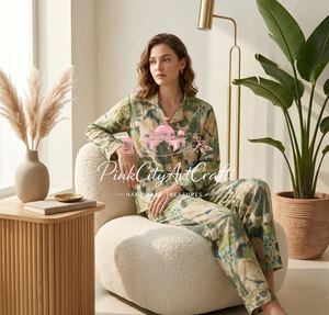 Conjunto de Pijama de Algodón Puro Tejido a Mano con Estampado de Palmeras Tropicales y Arquitectura Herencia, Elegante, de Manga Larga y Cuello Camisero - Product Image 6