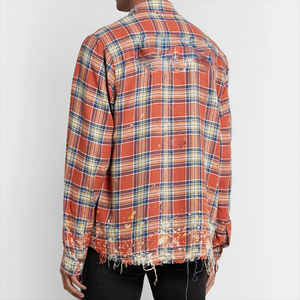 เสื้อเชิ้ตผู้ชายผ้าแฟลนเนลสีพื้น แขนยาว คอจีน ผ้าฝ้าย 100% สวมใส่สบาย ระบายอากาศได้ดี เป็นมิตรกับสิ่งแวดล้อม ติดกระดุมแบบครอป ดีไซน์ขาดๆ - Product Image 2