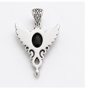 Black Onyx Silver Pendant, Sterling Silver Wing Pendant, Black Onyx <b>Necklace</b>, Gothic Angel Pendant, Statement Gemstone Jewelry - Product Image 2