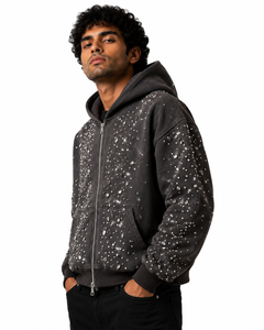 Sudadera con capucha informal de lujo para hombre, con gemas, extragrande, con cremallera, estilo bling, chaqueta premium con pedrería termoadhesiva, proveedor de fábrica OEM ODM - Product Image 4