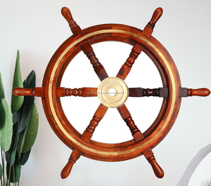 Roue de bateau en bois décorative nautique avec cadre, anneau en laiton, décoration murale marine pour salon, bureau - Product Image 4