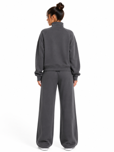 Conjunto de Sudadera con Capucha Oversize para Mujer con Cuello Alto y Cremallera de un Cuarto, Pantalones de Chándal de Forro Polar de Color Liso, Bordado Personalizado - Product Image 2
