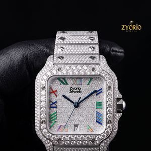 Montre mécanique de luxe carrée entièrement pavée de moissanite, cadran multicolore à chiffres romains, bracelet en acier inoxydable - Product Image 5