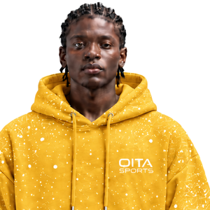 Mustard Yellow <b>White</b> Speckled Print <b>Men</b> Hoodie Heavyweight Pullover <b>Sweatshirt</b> Drawstring Hood Kangaroo Pocket Casual Streetwear - Product Image 3