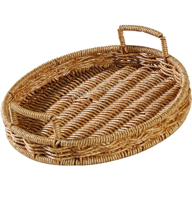 Plateau rond en rotin tressé, meilleur prix de gros, écologique, décoration d'intérieur, marron, avec poignée en rotin - Product Image 1